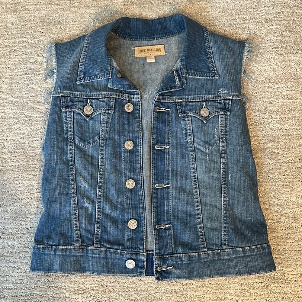 True Religion Denim Vest Jacket, TR Denim Vest, Slightly Distressed Denim Vest